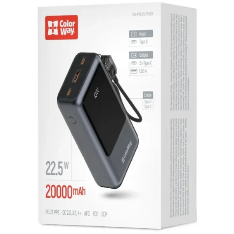 Батарея універсальна ColorWay 20 000 mAh Urban PD/22.5W, QC/4.0, Gray (CW-PB200LP03GR)