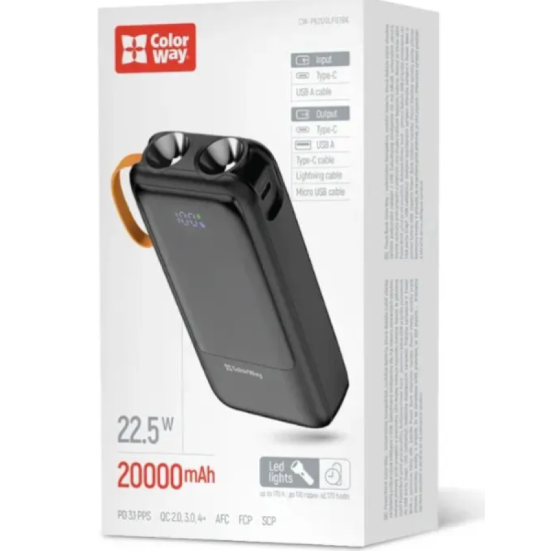 Батарея універсальна ColorWay 20 000 mAh PowerHub PD/22.5W, QC/4.0, Black (CW-PB200LP07BK)