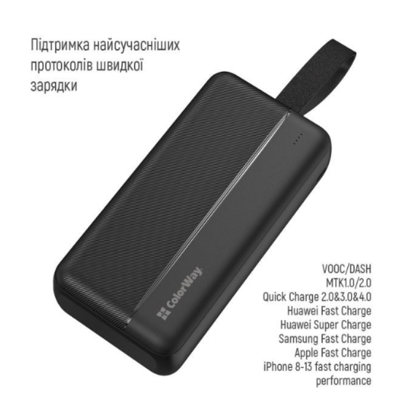 Батарея універсальна ColorWay 30 000 mAh High-power 2 PD/20W, QC/3.0, USB-C/Micro-USB (CW-PB300LPC2BK-PD)